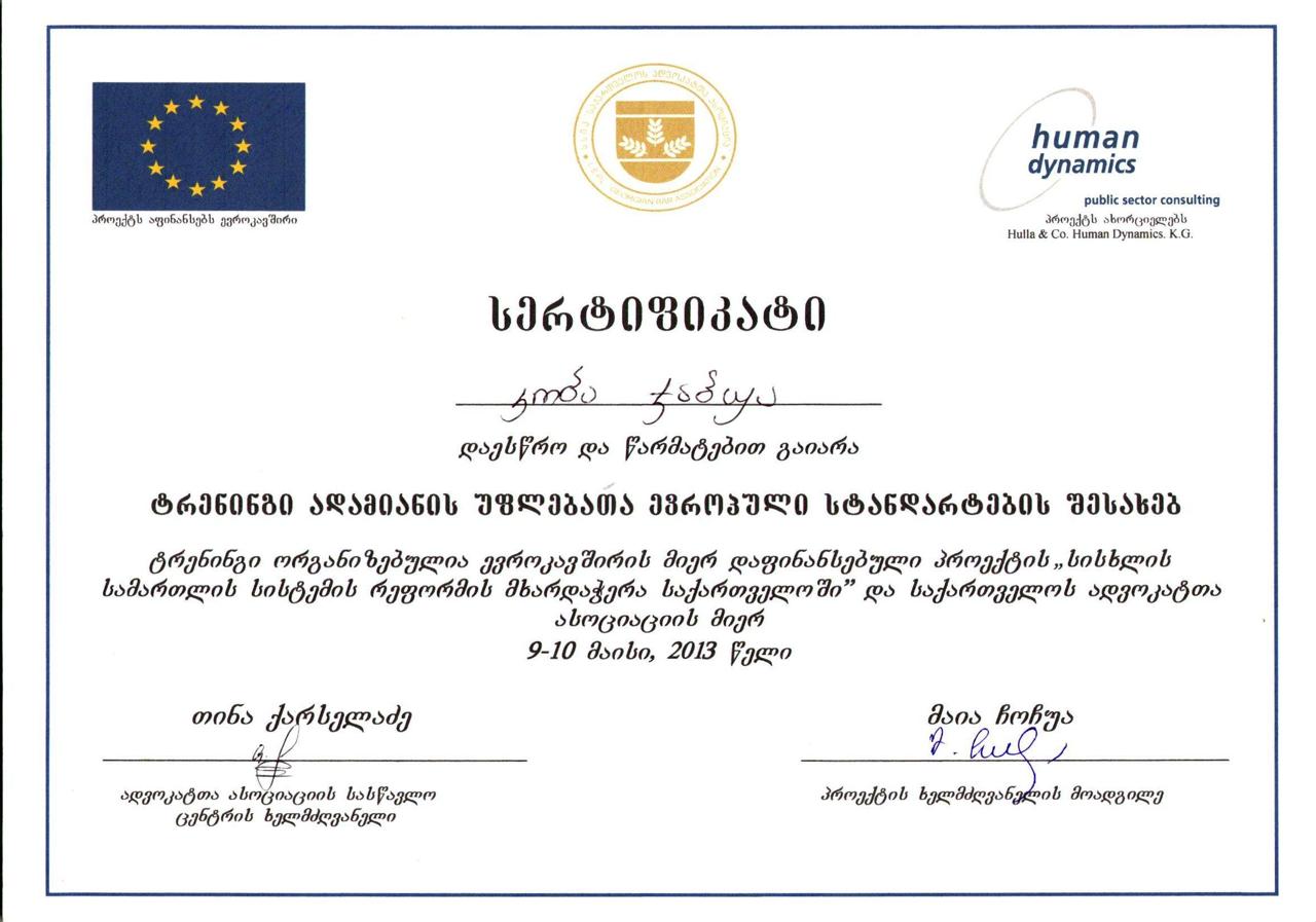 Сертификат EU Human Dynamics и Ассоциации адвокатов Грузии